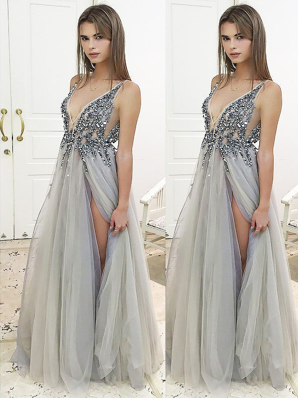 BMbride A-Line/Elegant V-Neck Sleeveless Floor-Length Beading Tulle Prom Dresses BMbride