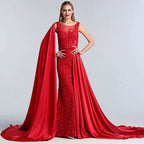Charming Red Lace Printed A-Line Long Prom Dress with Trail BM bride