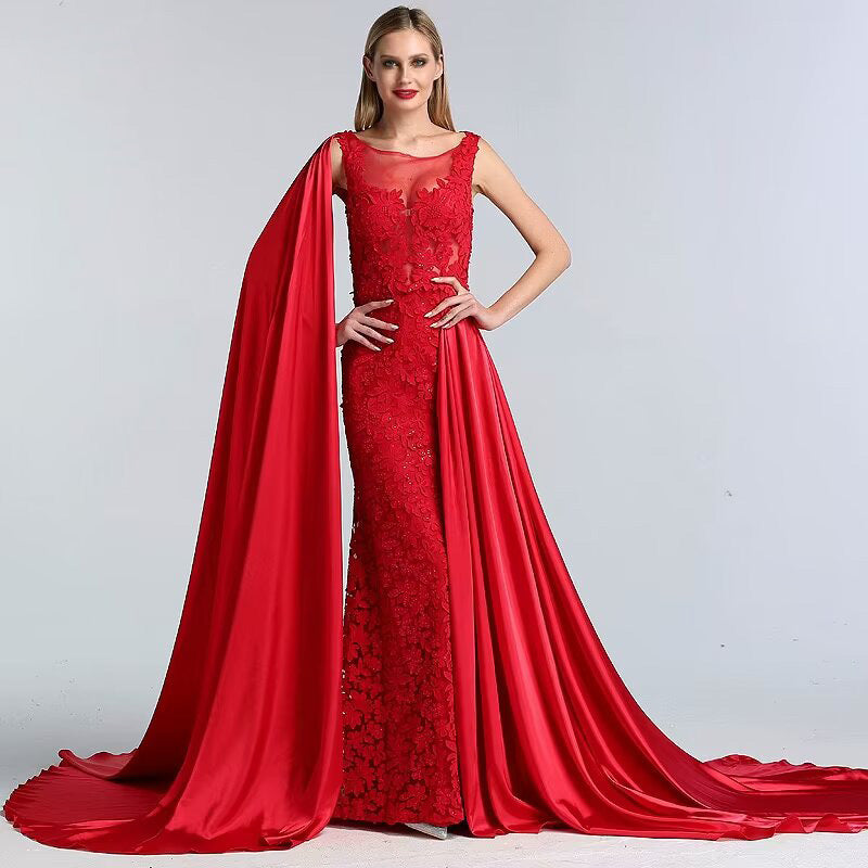 Charming Red Lace Printed A-Line Long Prom Dress with Trail BM bride