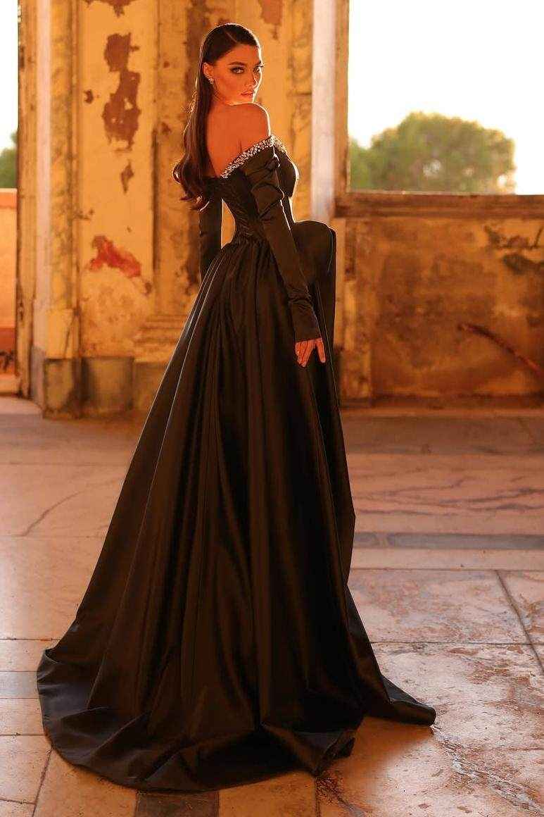 Off the Shoulder Long Sleeves Long Split Prom Dress With Beading
