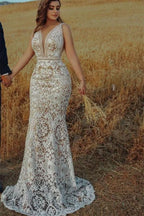 V-Neck Empire Mermaid Wedding Dress with Lace Beading BM bride