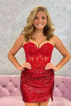 Sparkly Purple Corset Tight Sequins Short Homecoming Dress with Lace Bmbride