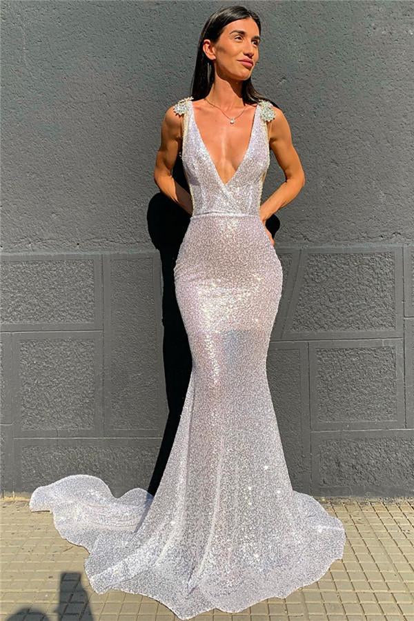 Deep V-Neck Sequins Mermaid Prom Dress with Open Back BM bride