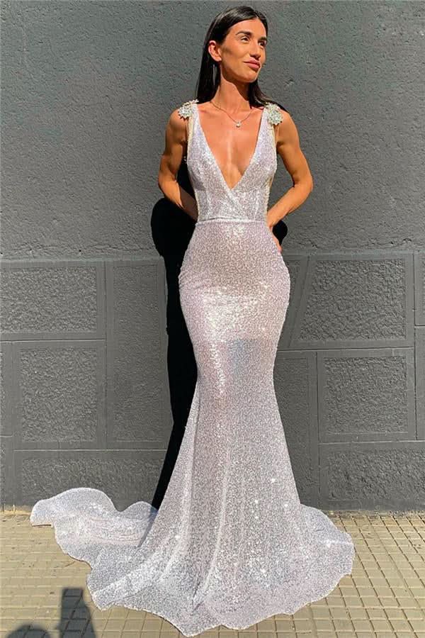 Deep V-Neck Sequins Mermaid Prom Dress with Open Back BM bride