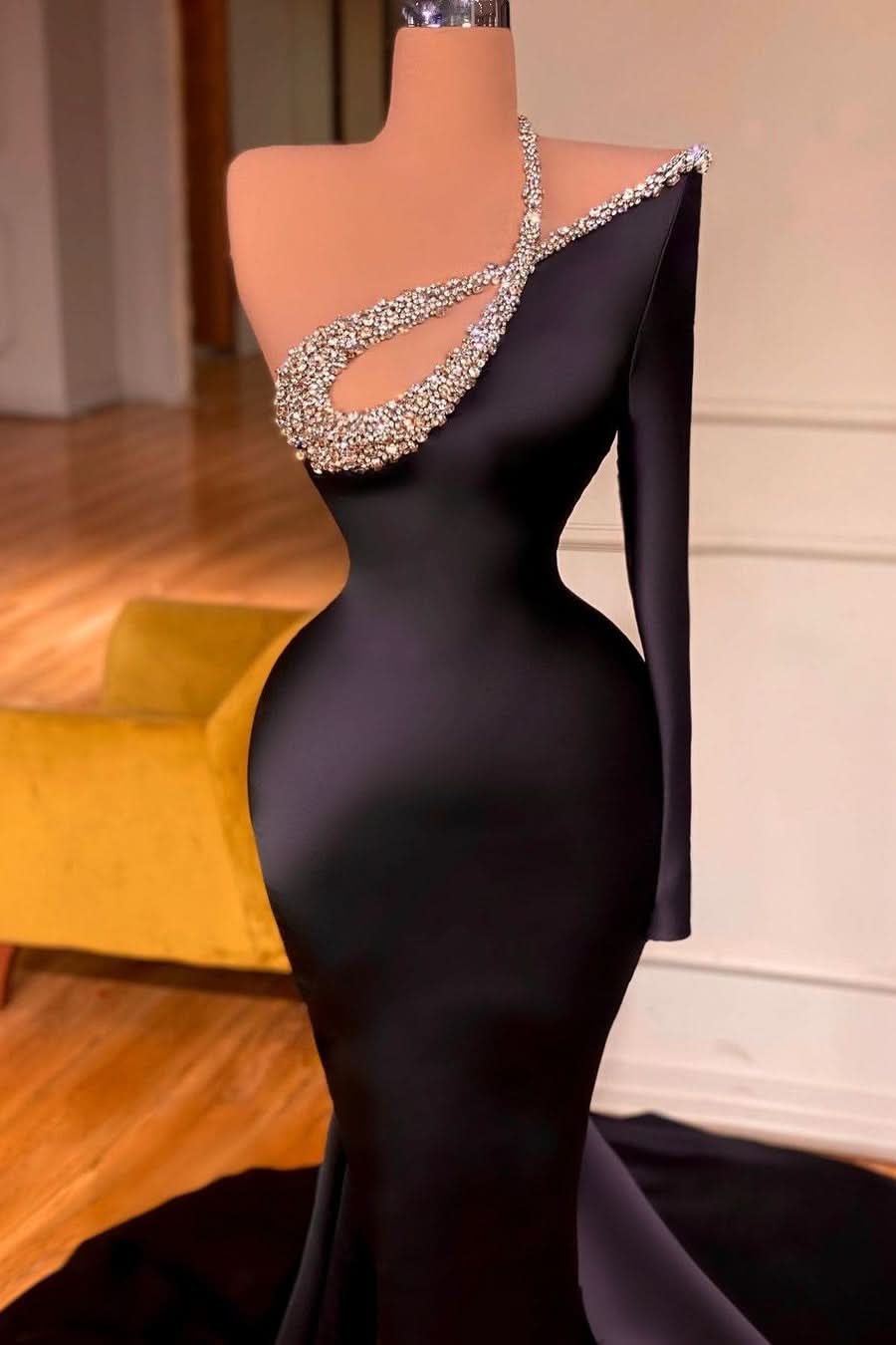 Black One Shoulder Mermaid Prom Dress with Beads BM bride