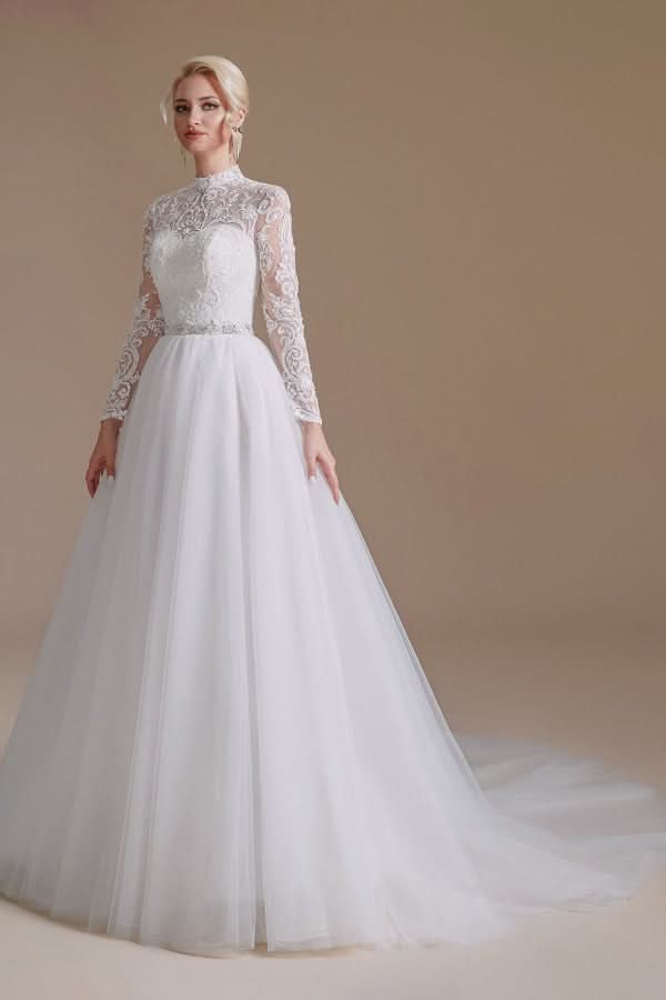 Modest A-Line High Neck Long Sleeve Wedding Dress with Tulle Lace BM bride