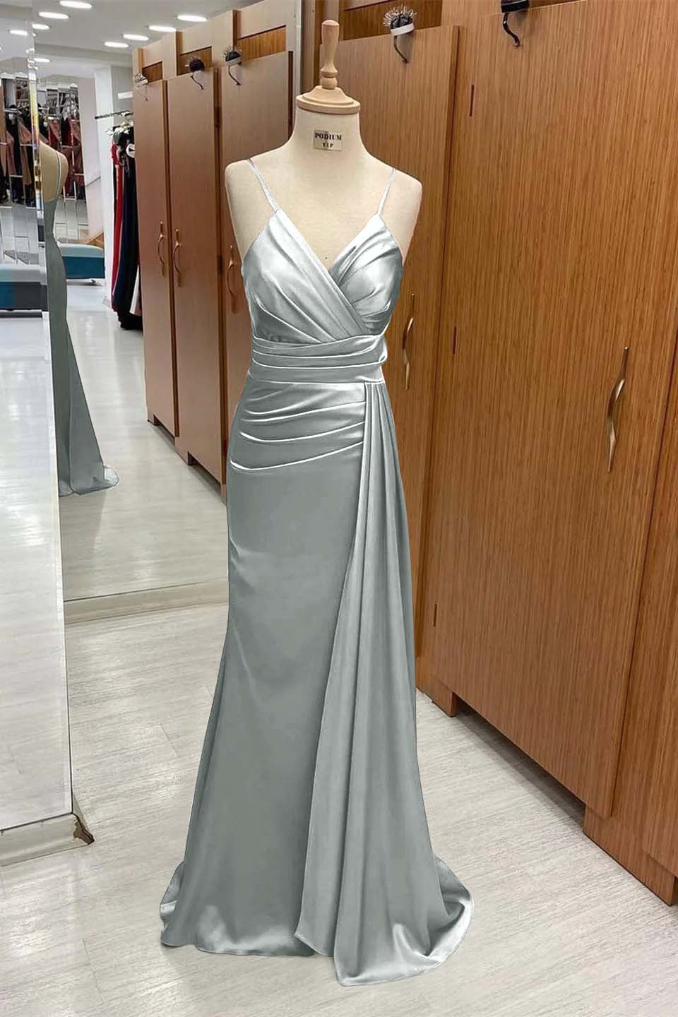 Spaghetti Strap Sleeveless Long Mermaid Prom Dress With Pleated BMBRIDE