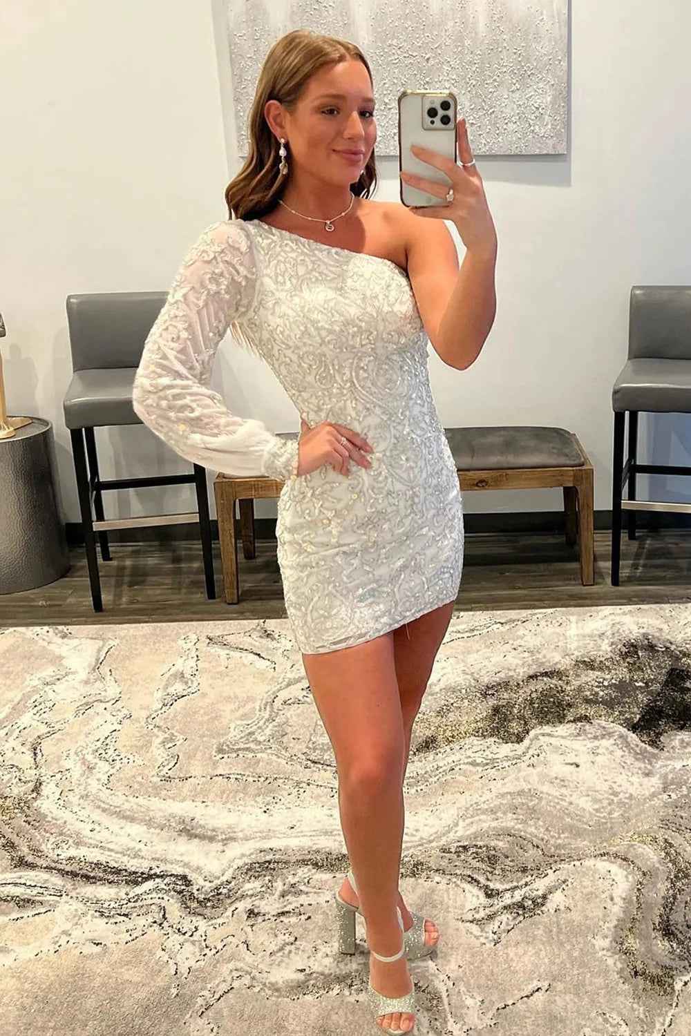 Hot Pink Beaded Sequins One Shoulder Tight Homecoming Dress Bmbride