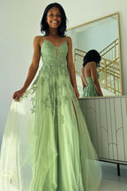 Lovely Sage Green V Neck Tulle A-Line Long Prom Dress with Appliques BM bride