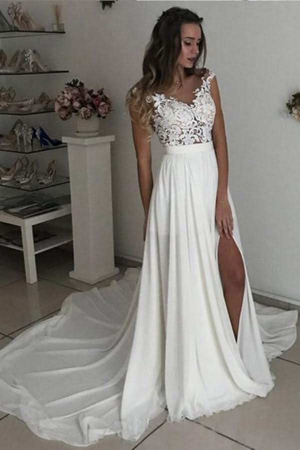 A-Line V-Neck Long Wedding Dress with Chiffon Lace and Slit BM bride