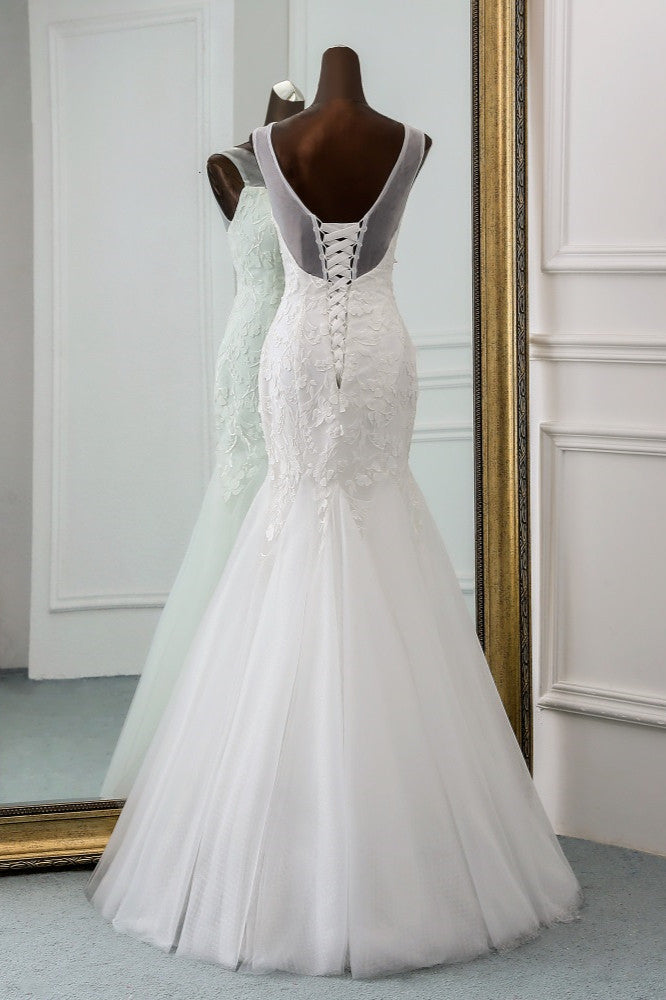 Jewel Neck Backless Long Mermaid Wedding Dress with Tulle Lace BM bride