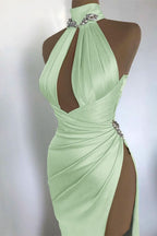 Elegant Sexy Champagne Gold Evening Dress with Off-the-Shoulder High Neck and Pleated Slit BM bride