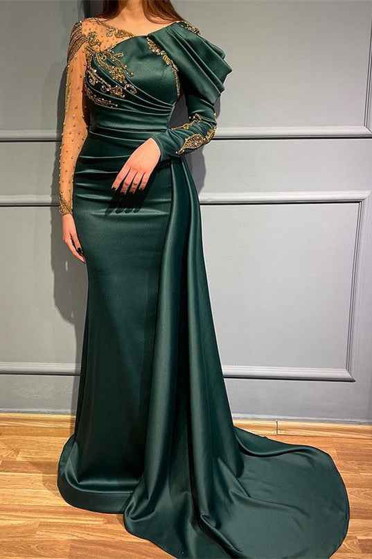 Dark Green Mermaid Long Sleeves Beadings Long Evening Dress With Appliques