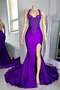 Stunning Purple Halter Sleeveless Mermaid Long Split Prom Dress With Appliques