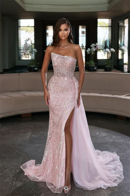 Modern Pink Strapless Mermaid Evening Dress with Ruffles and Beadings BM bride