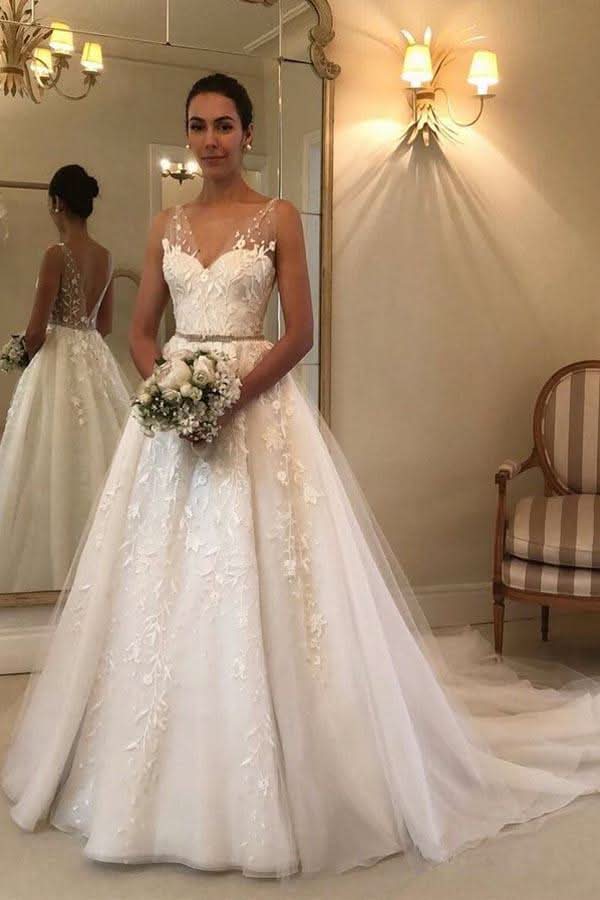 Long A-line Wedding Dress Open Back With Tulle Sweetheart BM bride