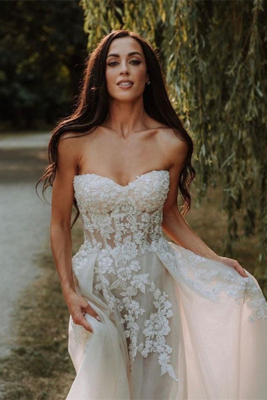 Sweetheart Tulle A-Line Wedding Dress with Lace Appliques BM bride