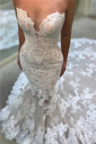 Strapless V-Neck Backless Long Mermaid Wedding Dress with Lace Appliques BM bride