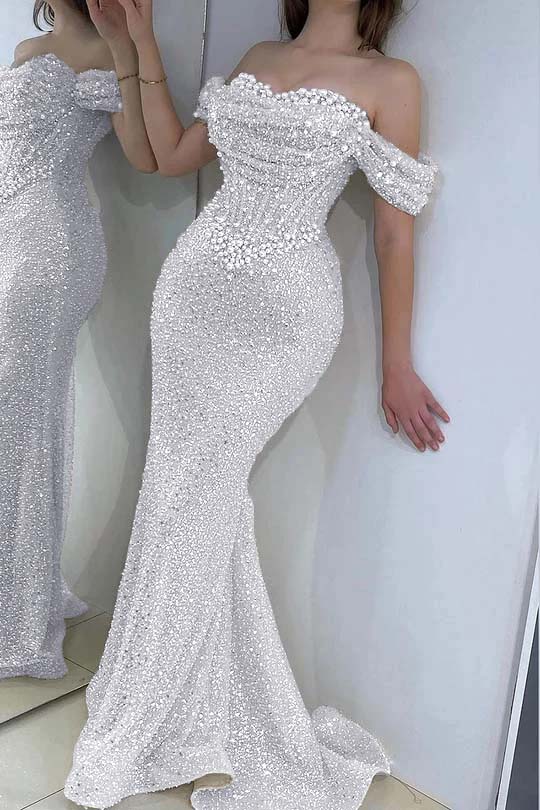 Off the Shoulder Strapless Sleeveless Long Prom Dress With Sequins BMBRIDE