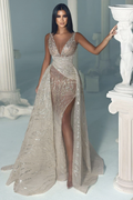 Heavy Prom Dress Long Spaghetti Strap with Slit Trail Sleeveless BM bride