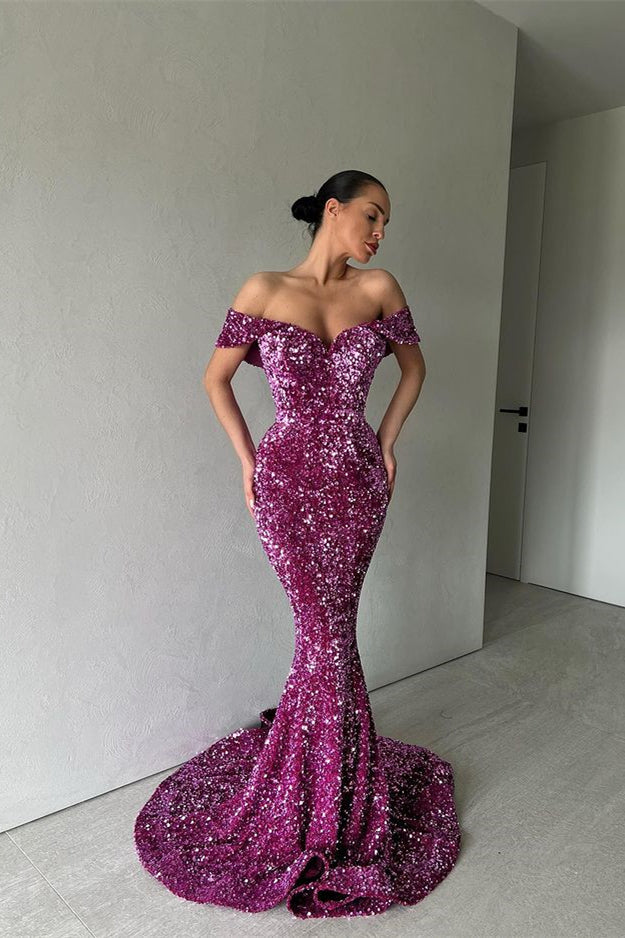 Purple Off-The-Shoulder Mermaid Evening Dress Long with Sequins BM bride