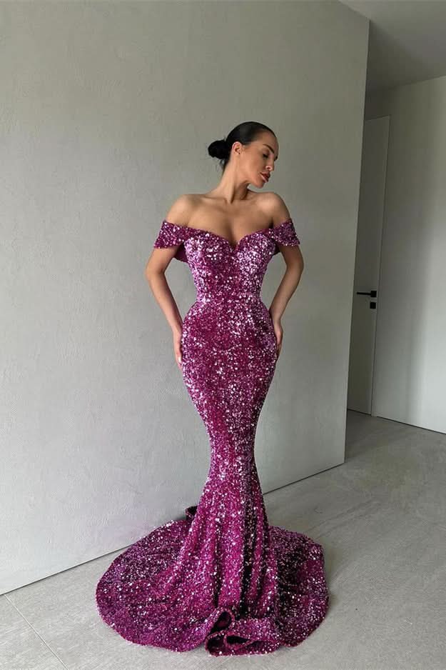 Purple Off-The-Shoulder Mermaid Evening Dress Long with Sequins BM bride