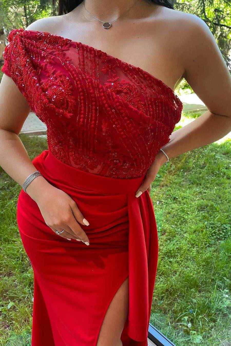 One Shoulder Sleeveless Mermaid Split Long Prom Dress With Pleated