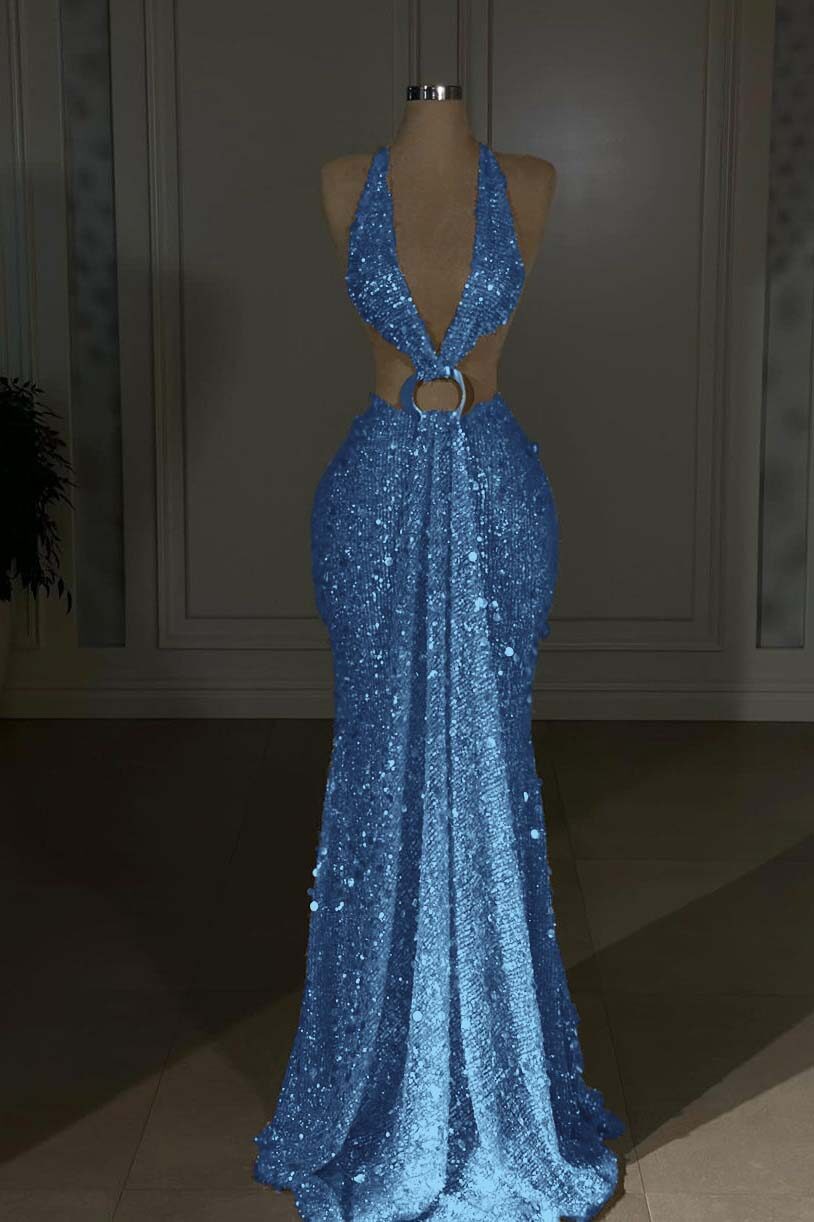 Halter Sleeveless Backless Long Mermaid Prom Dress With Sequins