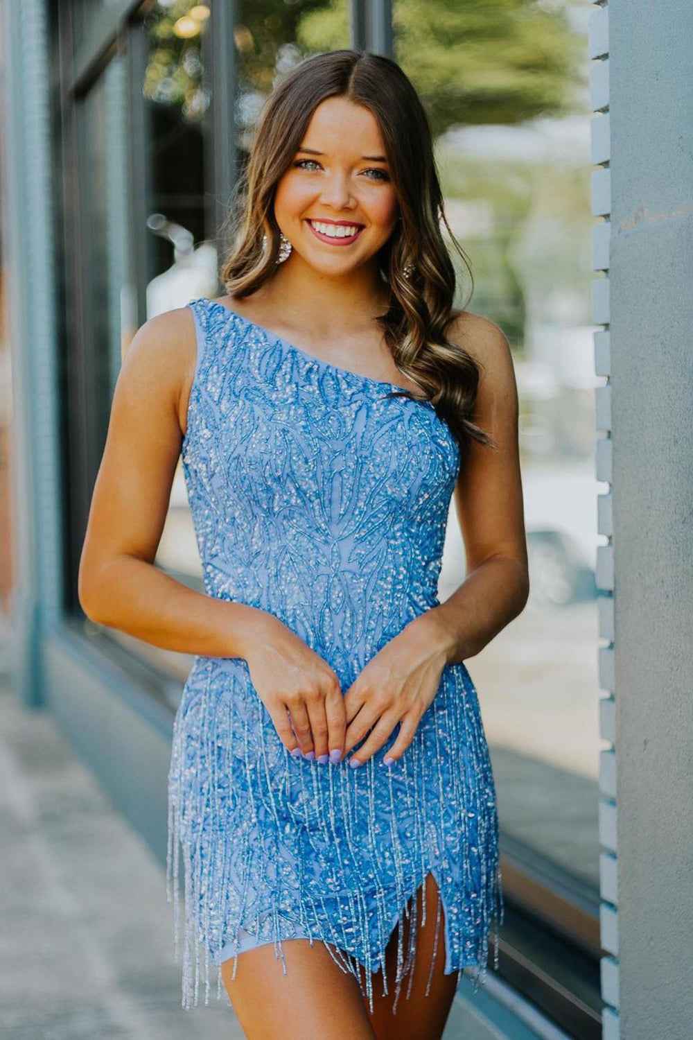 Sparkly Blue Beaded Fringed Tight Short Homecoming Dress Bmbride
