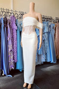 White Off the Shoulder Strapless Mermaid Prom Dress With Pleated BMBRIDE