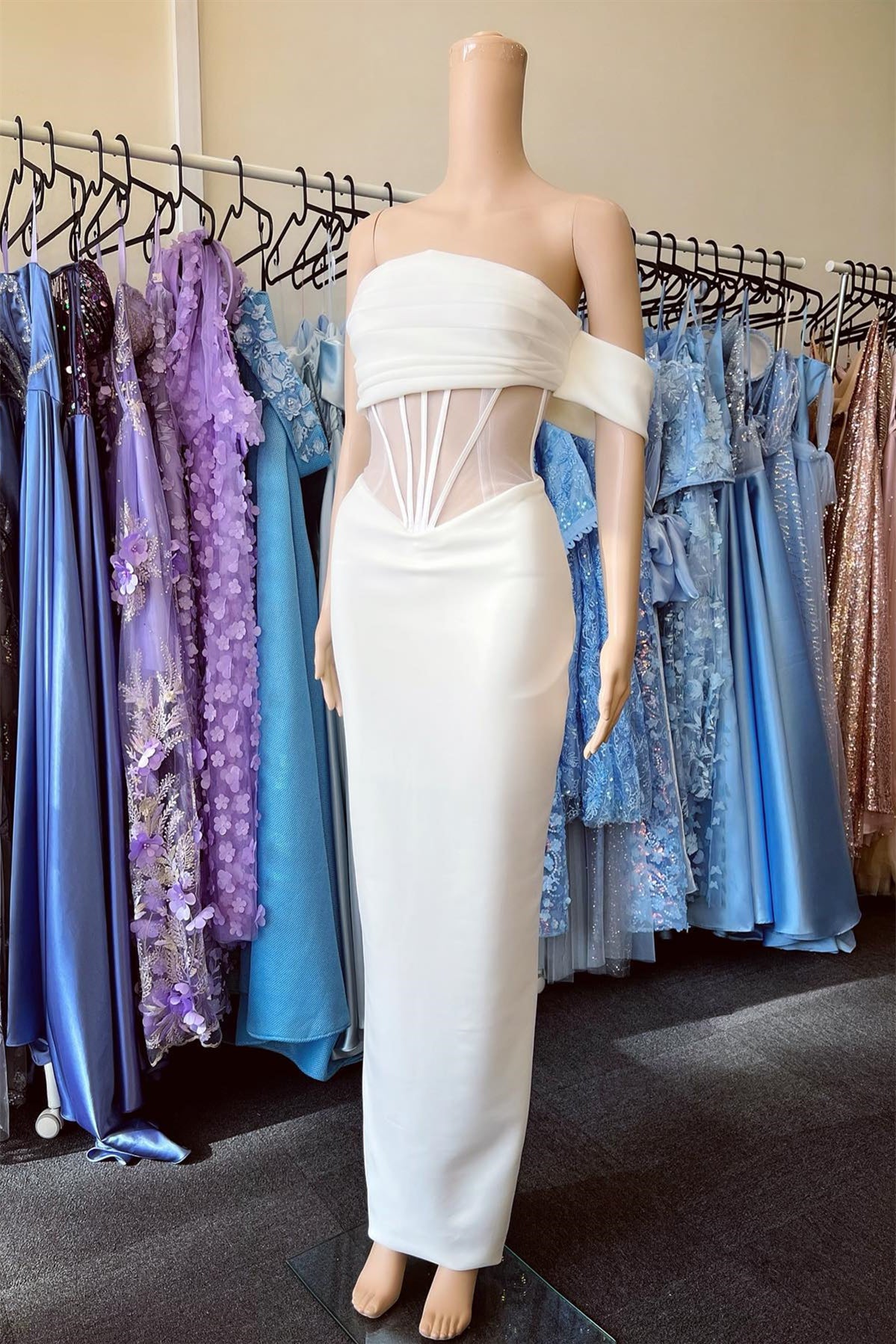White Off the Shoulder Strapless Mermaid Prom Dress With Pleated BMBRIDE