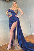 Royal blue With Rhinstone Prom Dress One Shoulder Pleated Slit