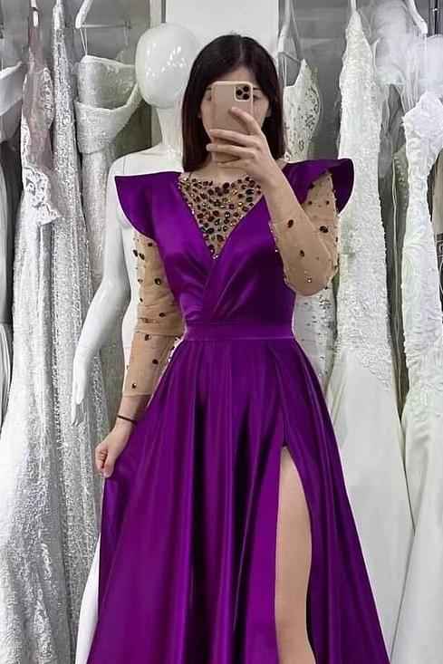 Dark Purple Mermaid V Neck Beadings Prom Dress With Long Sleeves Front Split