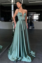 Sage Spaghetti-Strap A-Line Long Prom Dress with Belt BM bride