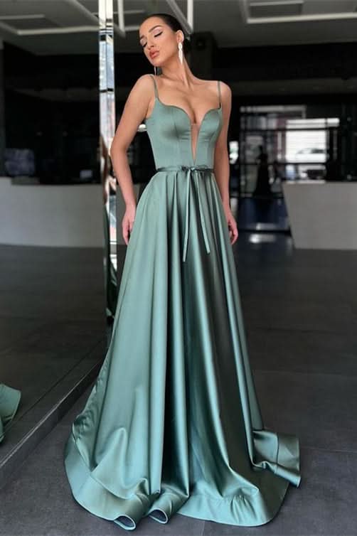 Sage Spaghetti-Strap A-Line Long Prom Dress with Belt BM bride