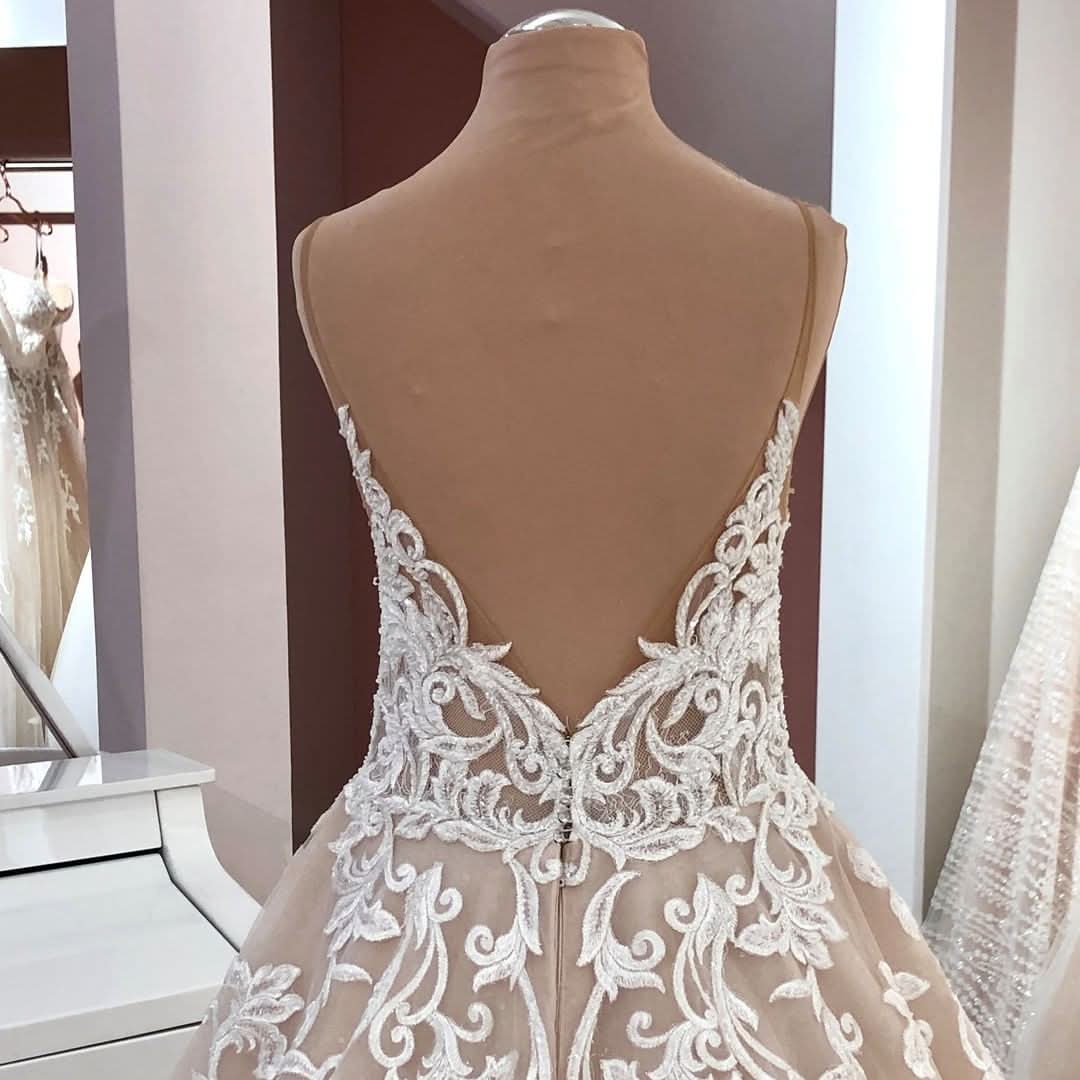 Vintage A-Line V-Neck Spaghetti Strap Backless Wedding Dress with Lace Appliques and Tulle BM bride