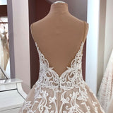 Vintage A-Line V-Neck Spaghetti Strap Backless Wedding Dress with Lace Appliques and Tulle BM bride