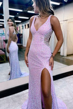 Light Pink Shining Evening Dress A-Line with Appliques V Neck and Slit BM bride
