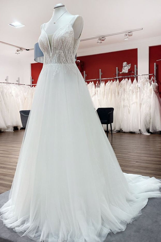 V-Neck Sleeveless Long A-Line Wedding Dress with Sequins, Ruffles, and Open Back Tulle BM bride