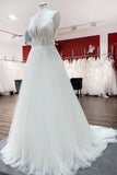 V-Neck Sleeveless Long A-Line Wedding Dress with Sequins, Ruffles, and Open Back Tulle BM bride