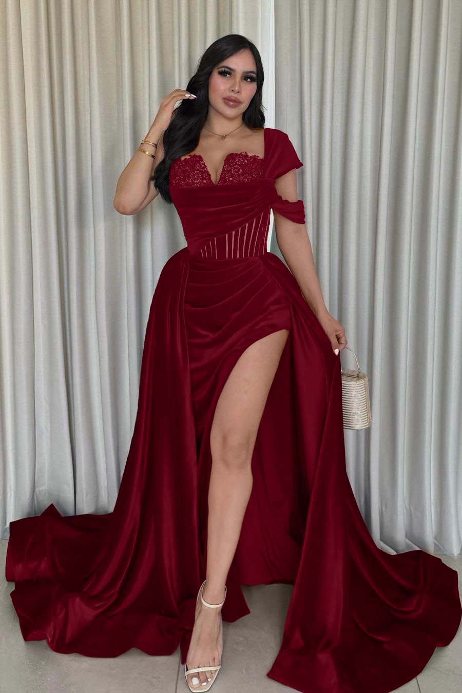 One Shoulder Sleeveless Long Mermaid Prom Dress With Split Pleated