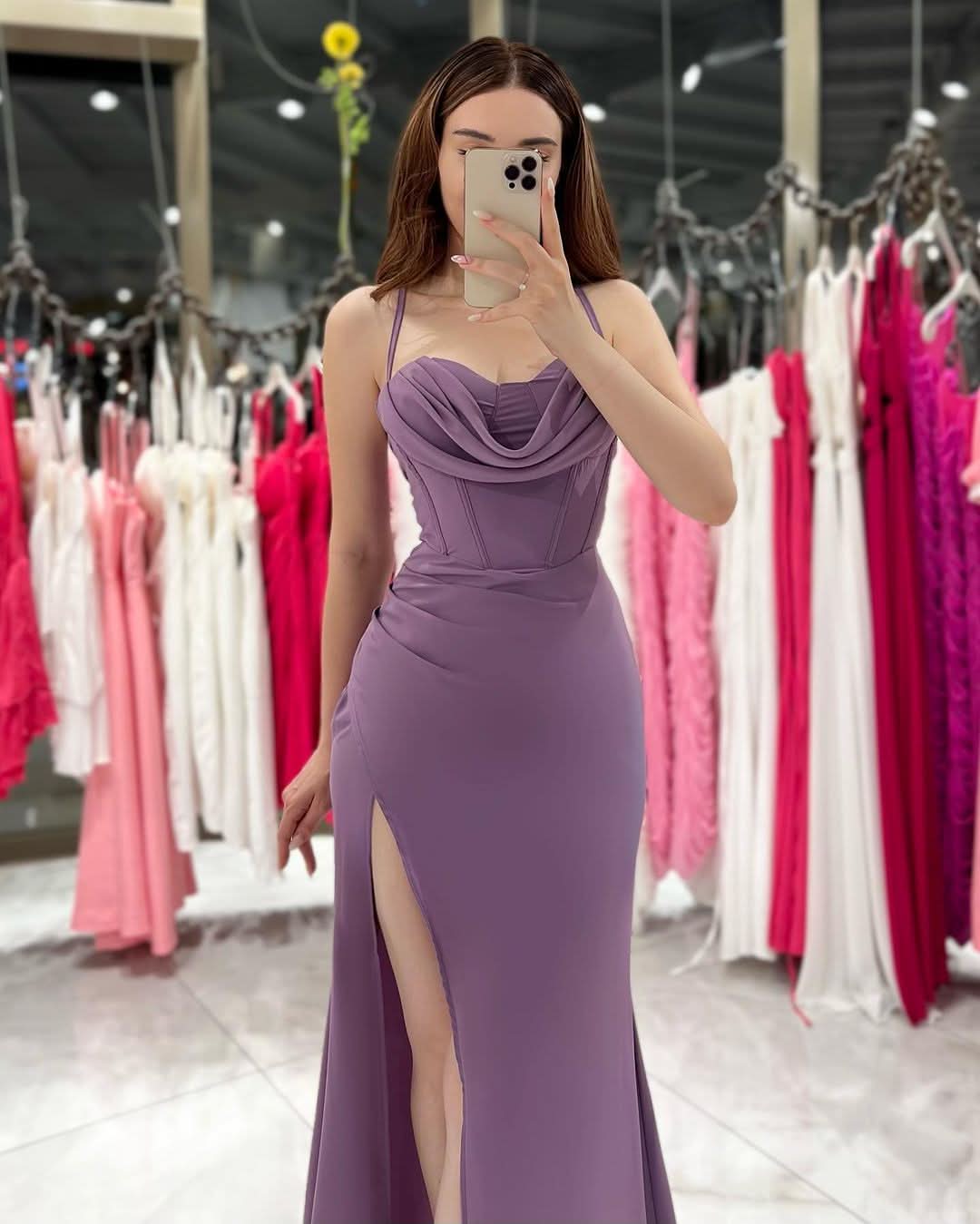 Black Spaghetti Strap Evening Dress Gown with High Slit BM bride