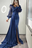 Sequins V-Neck Long Sleeves Mermaid Split Evening Dress with Ruffle BM bride