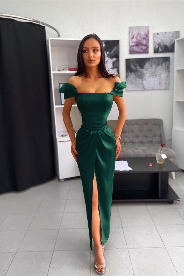 Off the Shoulder Split Ankle Long Prom Dress With Chic Wrinkle BMBRIDE
