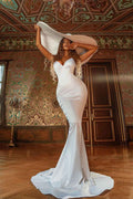 Strapless Sweetheart Sleeveless White Long Mermaid Prom Dress With Pleated