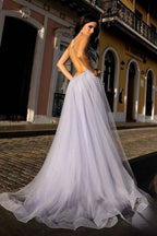 Tulle V Neck Sleeveless Backless Long Prom Dress With Appliques