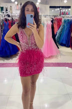Light Blue Beaded Sequins Tight Homecoming Dress with Feathers Bmbride