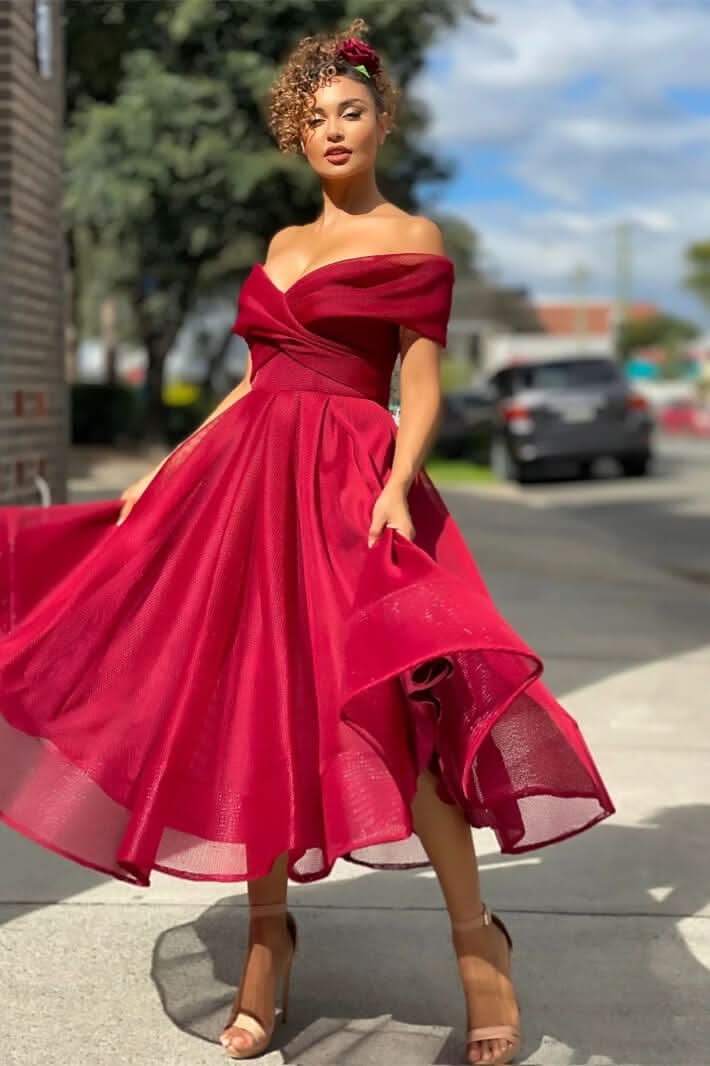 Burgundy Off-The-Shoulder A-Line Short Evening Dress BM bride
