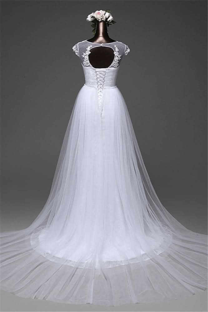 Jewel Neck Long Mermaid Lace Wedding Dress with Tulle Overskirt BM bride