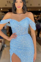 Vintage Sky Blue Sweetheart Straps Sequins Slit Mermaid Evening Dress Tulle with Detachable Ruffles BM bride